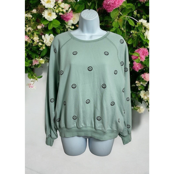 Elodie Mint Green Smiley Face Sweatshirt Sz M Embroidered Pullover Long-Sleeve - Picture 1 of 5